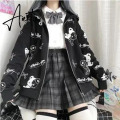 Aiertu Thin Black Cartoon Bear Hoodie Streetwear Hip Hop Women Gothic Sweatshirts Casual Autumn High Street Hoodies Funny Harajuku Tops Aiertu