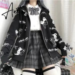 Aiertu Thin Black Cartoon Bear Hoodie Streetwear Hip Hop Women Gothic Sweatshirts Casual Autumn High Street Hoodies Funny Harajuku Tops Aiertu