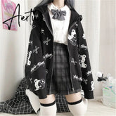 Aiertu Thin Black Cartoon Bear Hoodie Streetwear Hip Hop Women Gothic Sweatshirts Casual Autumn High Street Hoodies Funny Harajuku Tops Aiertu
