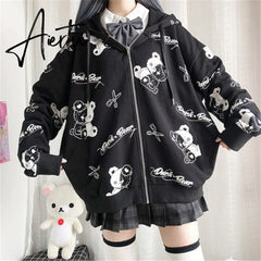 Aiertu Thin Black Cartoon Bear Hoodie Streetwear Hip Hop Women Gothic Sweatshirts Casual Autumn High Street Hoodies Funny Harajuku Tops Aiertu