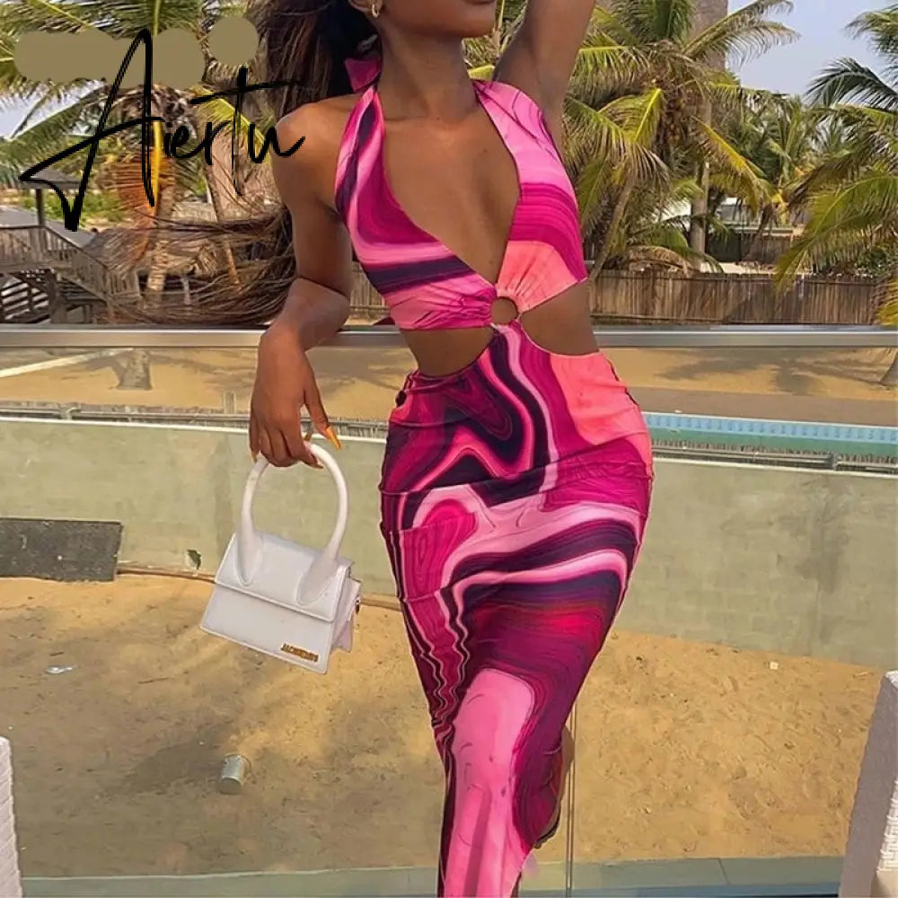 Aiertu Tie Dye Summer Dress Women Waist Cut Out Backless Halter Robe Festival Clubwear Bodycon Sexy Party Maxi Dresses Aiertu
