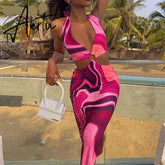 Aiertu Tie Dye Summer Dress Women Waist Cut Out Backless Halter Robe Festival Clubwear Bodycon Sexy Party Maxi Dresses Aiertu