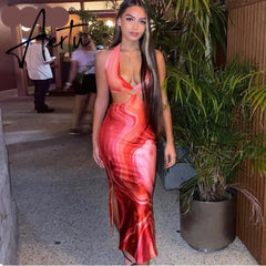 Aiertu Tie Dye Summer Dress Women Waist Cut Out Backless Halter Robe Festival Clubwear Bodycon Sexy Party Maxi Dresses Aiertu