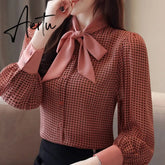 Aiertu tops and blouses long sleeve women shirts fashion bow collor office blouse women plaid chiffon shirt female top Plus size Aiertu