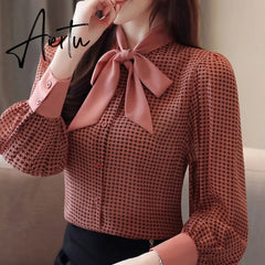 Aiertu tops and blouses long sleeve women shirts fashion bow collor office blouse women plaid chiffon shirt female top Plus size Aiertu