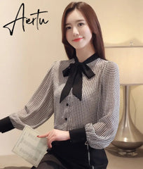 Aiertu tops and blouses long sleeve women shirts fashion bow collor office blouse women plaid chiffon shirt female top Plus size Aiertu