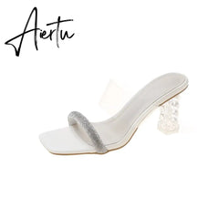Aiertu Transparent Thick Heel Crystal Slippers Women Summer New Korean Open Toe Rhinestone Dress Casual High Heels Women Slippers Aiertu
