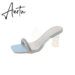 Aiertu Transparent Thick Heel Crystal Slippers Women Summer New Korean Open Toe Rhinestone Dress Casual High Heels Women Slippers Aiertu