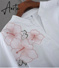 Aiertu Tunic White Shirt Women Chiffon Flower Embroidery Blouse V neck Office Ladies Tops Casual High quality Summer Puff sleeve Aiertu