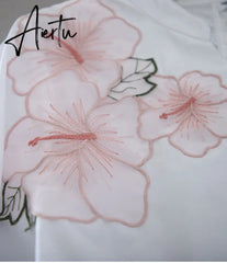 Aiertu Tunic White Shirt Women Chiffon Flower Embroidery Blouse V neck Office Ladies Tops Casual High quality Summer Puff sleeve Aiertu