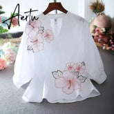 Aiertu Tunic White Shirt Women Chiffon Flower Embroidery Blouse V neck Office Ladies Tops Casual High quality Summer Puff sleeve Aiertu