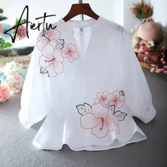 Aiertu Tunic White Shirt Women Chiffon Flower Embroidery Blouse V neck Office Ladies Tops Casual High quality Summer Puff sleeve Aiertu