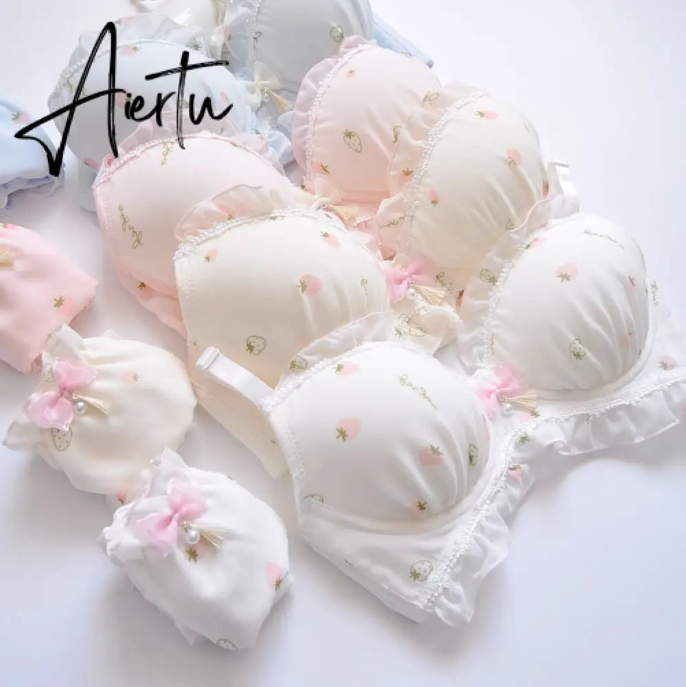 Aiertu Two-color Water-soluble Lingerie Embroidery Film Cup Bralette No Steel Ring Fresh and Girly Cute Gather Underwear Bra Set Aiertu