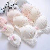 Aiertu Two-color Water-soluble Lingerie Embroidery Film Cup Bralette No Steel Ring Fresh and Girly Cute Gather Underwear Bra Set Aiertu