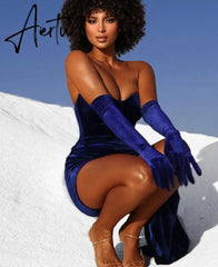 Aiertu Velvet Off Shoulder With Gloves Irregular Mini Dress Solid Fall Bodycon Evening Party Elegant Vestido Aiertu