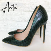 Aiertu Veowalk Dark Green Crocodile Effect Women Sexy Pointed Toe Stilettos Pumps 8cm 10cm 12cm Extremely High Heels Ladies Party Shoes Aiertu