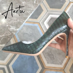 Aiertu Veowalk Dark Green Crocodile Effect Women Sexy Pointed Toe Stilettos Pumps 8cm 10cm 12cm Extremely High Heels Ladies Party Shoes Aiertu