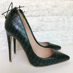 Aiertu Veowalk Dark Green Crocodile Effect Women Sexy Pointed Toe Stilettos Pumps 8cm 10cm 12cm Extremely High Heels Ladies Party Shoes Aiertu