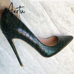 Aiertu Veowalk Dark Green Crocodile Effect Women Sexy Pointed Toe Stilettos Pumps 8cm 10cm 12cm Extremely High Heels Ladies Party Shoes Aiertu