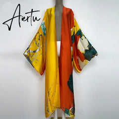 Aiertu verano Women sukienka Print Long Sleeve Cardigan Female Blouse Loose Casual beach Cover Up boho dress party kaftan Aiertu