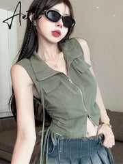 Aiertu Vintage American Cargo Tanks Women Streetwear Sexy Cropped Slim Tees Summer Sleeveless Harajuku Hip Hop Double Zipper Tanks Aiertu