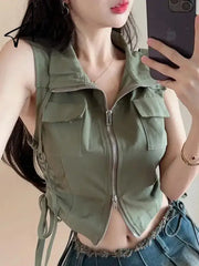 Aiertu Vintage American Cargo Tanks Women Streetwear Sexy Cropped Slim Tees Summer Sleeveless Harajuku Hip Hop Double Zipper Tanks Aiertu