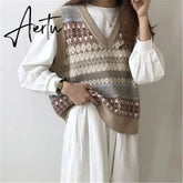 Aiertu Vintage Argyle V-neck Knitted Sweater Vest Women Loose Sleeveless Sweater Pullover Autumn Korean Casual Oversized Knit Waistcoat Aiertu