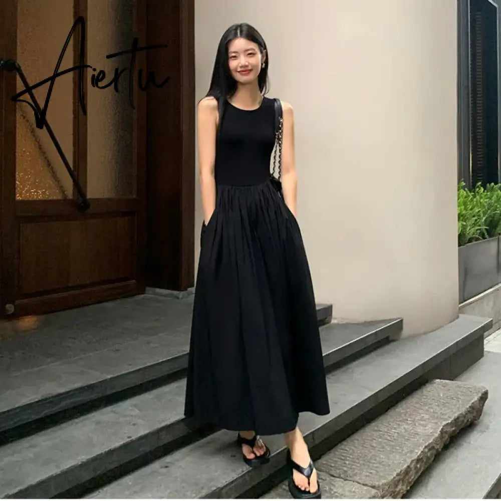 Aiertu Vintage Black Midi Dress Knitting Wedding Dresses for Women Clothing O Neck Office Lady Casual Pockets Women's Clothing Aiertu