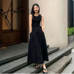Aiertu Vintage Black Midi Dress Knitting Wedding Dresses for Women Clothing O Neck Office Lady Casual Pockets Women's Clothing Aiertu