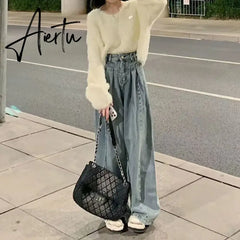 Aiertu Vintage Blue baggy Jeans Women Korean High Wiast Loose Denim Wide Leg Pants Woman Autumn Winter Streetwear Trousers Aiertu