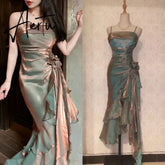 Aiertu Vintage Elegant Ice-colored British Retro Waist Strap Three-dimensional Flowers Irregular Ruffle Stitching Evening Dress Aiertu