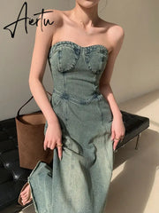 Aiertu Vintage Elegant Party Midi Dress Women Korean Style Denim Strapless Dress A-line Temperament Sexy Streetwear Designer Dress Aiertu