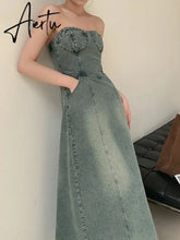 Aiertu Vintage Elegant Party Midi Dress Women Korean Style Denim Strapless Dress A-line Temperament Sexy Streetwear Designer Dress Aiertu