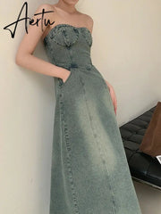 Aiertu Vintage Elegant Party Midi Dress Women Korean Style Denim Strapless Dress A-line Temperament Sexy Streetwear Designer Dress Aiertu