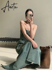 Aiertu Vintage Elegant Party Midi Dress Women Korean Style Denim Strapless Dress A-line Temperament Sexy Streetwear Designer Dress Aiertu