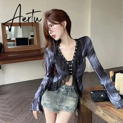 Aiertu Vintage Gothic Y2k Gauze Ruffle Cardigans Long Sleeve Goth Dark Fairy Grunge Women Blouses Streetwear Single-breasted Crop Tops Aiertu