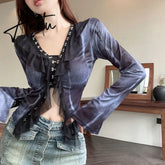 Aiertu Vintage Gothic Y2k Gauze Ruffle Cardigans Long Sleeve Goth Dark Fairy Grunge Women Blouses Streetwear Single-breasted Crop Tops Aiertu