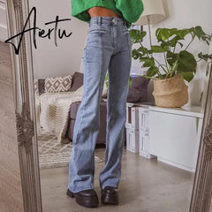 Aiertu Vintage High Waist Jeans Woman Casual Elegant Long Trousers Ladies High Street Autumn Fashion Denim Pants Capris Aiertu