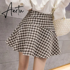 Aiertu Vintage Houndstooth Tweed Mini Skirt Womens High Waist Textured Woolen Short Skirt Autumn Winter Ladies Elegant Office Bottoms Aiertu