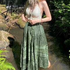 Aiertu Vintage Lace Up Bow Floral Long Skirts Green Y2k High-Waisted Loose Mid-Calf Pleated Skirt Harajuku Grunge Fairy Women Clothing Aiertu