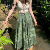 Aiertu Vintage Lace Up Bow Floral Long Skirts Green Y2k High-Waisted Loose Mid-Calf Pleated Skirt Harajuku Grunge Fairy Women Clothing Aiertu