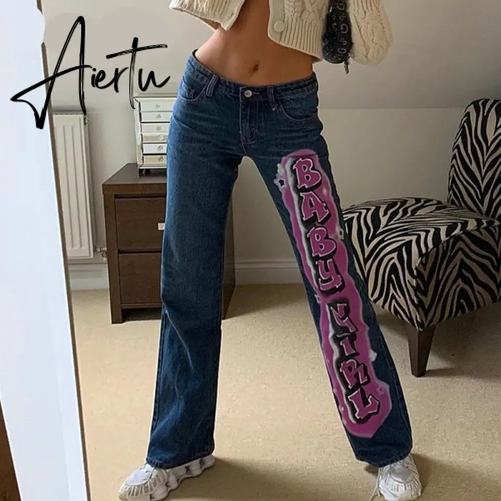 Aiertu Vintage Letter Print Y2K Straight Jeans Women Harajuku Streetwear Retro Mom Jeans Denim High Waist Aesthetic Pants Cuteandpsycho Aiertu