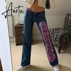 Aiertu Vintage Letter Print Y2K Straight Jeans Women Harajuku Streetwear Retro Mom Jeans Denim High Waist Aesthetic Pants Cuteandpsycho Aiertu