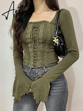Aiertu Vintage Patchwork Lace Bandage T Shirt Slim Square Collar Long Sleeve Tees Women Autumn Winter Fashion Streetwear Aiertu