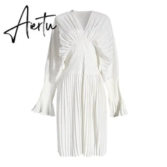 Aiertu Vintage Pleated Dress Women Flare Long Sleeve V Neck Dresses Female Fashion Clothes Spring Summer New Aiertu