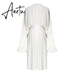 Aiertu Vintage Pleated Dress Women Flare Long Sleeve V Neck Dresses Female Fashion Clothes Spring Summer New Aiertu