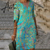 Aiertu Vintage Printing Women Dress V-Neck Half Sleeve A-Line Dresses Casual Fashion Spring Female Loose Sundress Lady Vestidos Aiertu