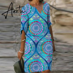 Aiertu Vintage Printing Women Dress V-Neck Half Sleeve A-Line Dresses Casual Fashion Spring Female Loose Sundress Lady Vestidos Aiertu