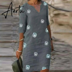 Aiertu Vintage Printing Women Dress V-Neck Half Sleeve A-Line Dresses Casual Fashion Spring Female Loose Sundress Lady Vestidos Aiertu