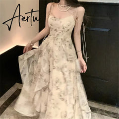 Aiertu Vintage Shivering Print Dress for Women Sling Sleeveless Slim Flounce Chiffon Casual Korean Long Dresses Female Clothing Summer Aiertu